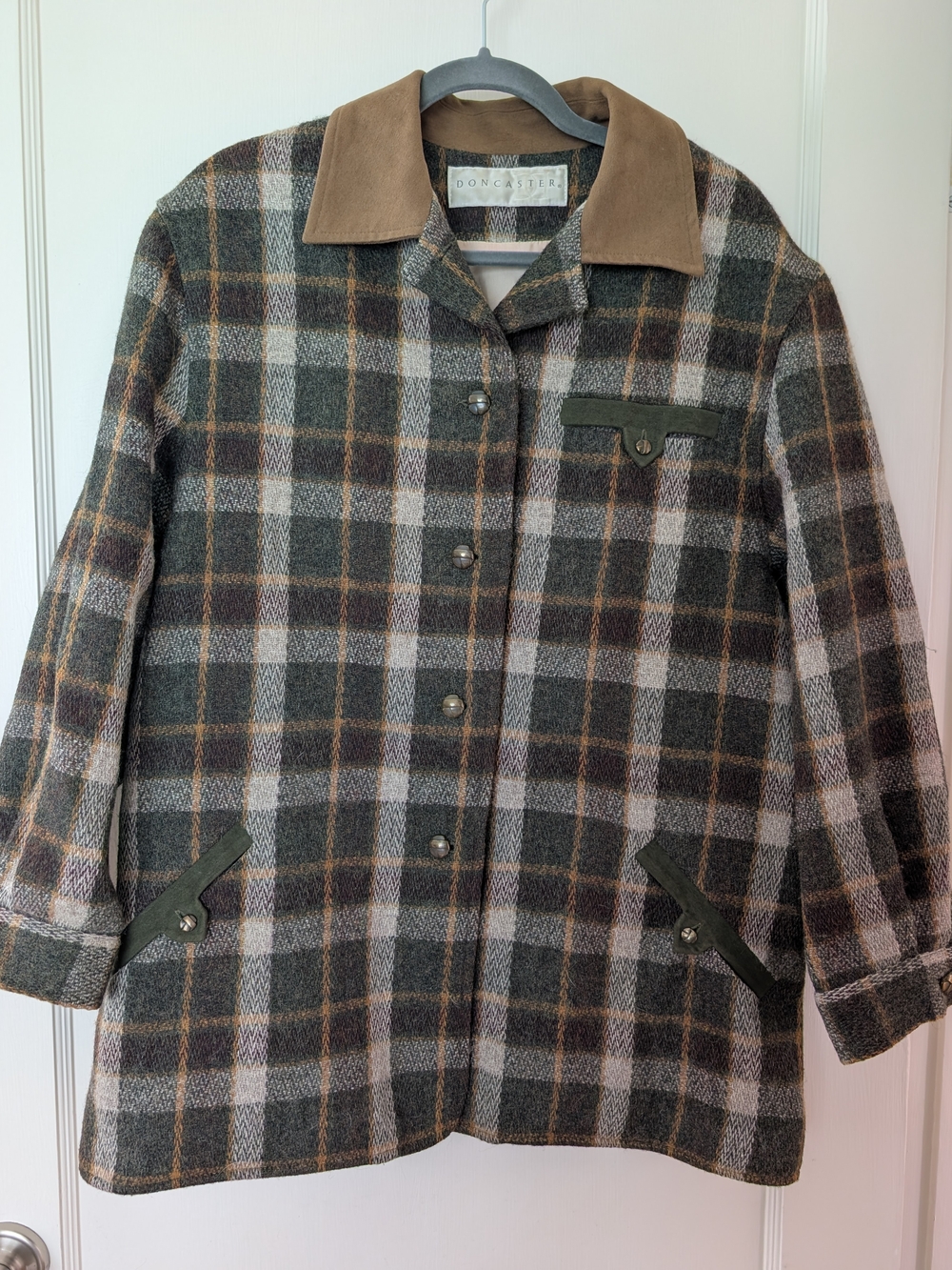 Doncaster Olive Green Plaid Women's Wool Coat with Tan Suede Collar